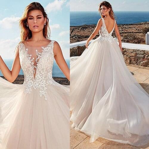 Wonderful Tulle Jewel Neckline Natural Waistline A-line Wedding Dress Beach Champagne Bridal Dress vestidos de novia sencillos