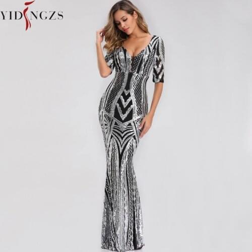 YIDINGZS V Neck Silver Sequins Evening Party Dress Half Sleeve Formal Long Evening Dress YD663