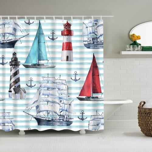 Cartoons Shower Curtain Sailing Lighthouse Background Bath Accessories with 12 Hooks Waterproof Polyester Fabric Bathroom Decor