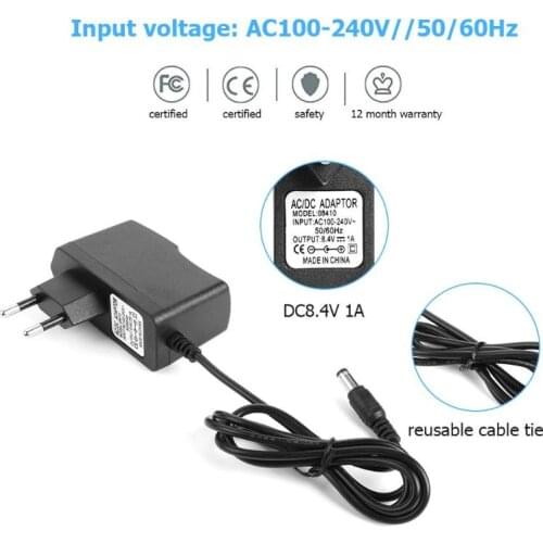 18650 Battery Charger Power Adapter DC 5.5x2.1mm Li-ion Charger 8.4V 1A Output for lithium 7.4V-8.4V batteries capacity range