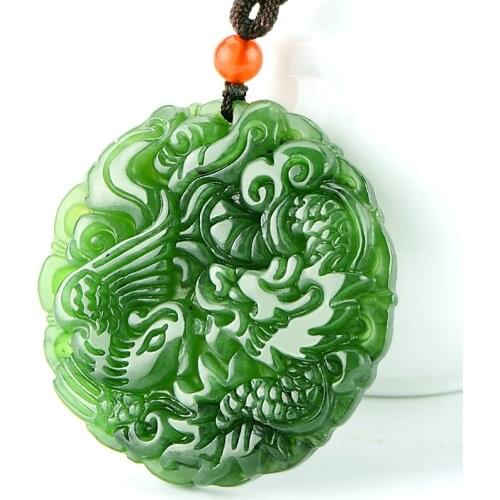 Green Jade Dragon Phoenix Pendant Necklace Natural Chinese Carved Jadeite Jewelry Charm Amulet Fashion Gifts for Women