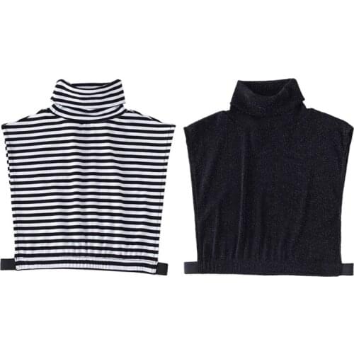 Women Turtleneck Ribbed Fake Dickey Collar Glitter Translucent Striped Vest Crop Top Sweatshirt Decorative Half Shirt