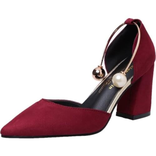 2020 Hot Shoes Woman Square High Heels Slingbacks Faux Suede Point Toe Women Office Lady Solid Female Wedding Shoe U14-88