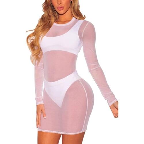 Women Long Sleeve See Through Mini Dress Sexy Transparent Night Dress Clubwear Solid Stretch Mesh Perspective Dress