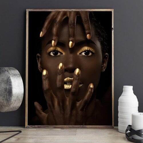 Golden Sexy lips and nails Black Woman Modern Canvas Art Prints Poster Wall Painting Home Decor Wall Art Pictures for Bedroom