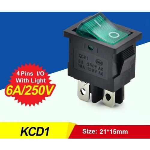 2PCS/lot Rocker Switch With Light 4 Pins I/O Power Switch Red Green Lamp 6A 250VAC 10A 125VAC 21*15mm CZKCD1-4P6A
