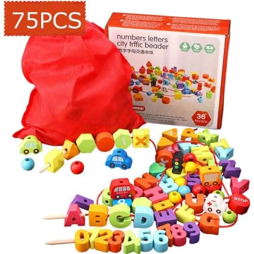 75Piece Wooden Urban Traffic Number Letter Beaded Rope Game Toy Educational Stringing Threading Beads Puzzle Toys for Children