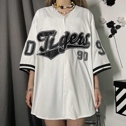Oversize Blouse Women Men Streetwear Baseball Shirt Cool Hippe Vintage Printed Hip Hop Korean Half Sleeve Button Up 2021 Summer