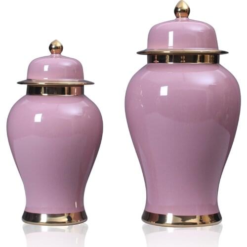 Jingdezhen Ceramic temple jar European Style pink Glaze Gold-plated porcelain Ginger jar vase
