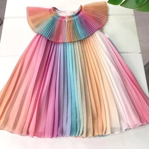 Design Rainbows Baby Girls Pleated Dresses Chiffon Fairy Party Dress Girls Clothes Cute Maid Kids Dress
