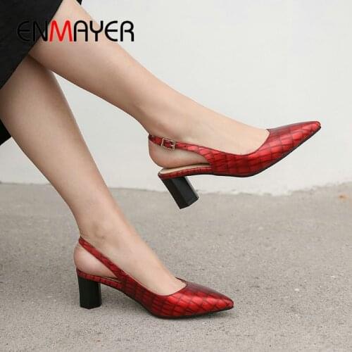 ENMAYER 2020 Pointed Toe Buckle Strap Women Shoes Slingbacks Wedding Shoes Square Heel Spring/Autumn PU Fashion Ladies Shoes
