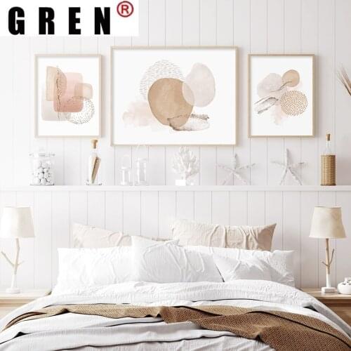 GREN Modern Abstract Pink Beige Watercolor Geometric Canvas Painting Poster Print Wall Art Picture For Living Room Home Decor