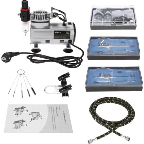 KKmoon 3 Airbrush Kit With Air Compressor Dual-Action Hobby Spray Air Brush Set Tattoo Nail Art Paint Supply Cleaning Brush