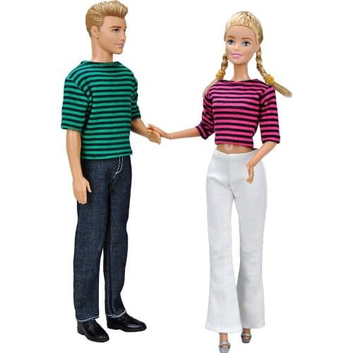 2Pcs 1Pcs Couple Outfit Set 1/6 Doll Accessories Daily Wear Boy Girl Ken The Boyfriend T Shirt Pants For Barbie Ken Doll Clothes