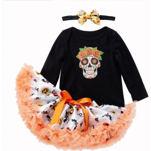 Girls Halloween Costume Baby Girls Long Sleeve Halloween Cartoon Skull Romper Jumpsuit Tutu dress Headband Girls Boutique Outfit