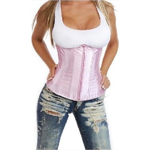 Red Pink Zipper Front Satin Overbust Corsets Womens Sexy Waist Trainer Slimming Body Shaper Belt Short Lace Up Bustiers Corsets