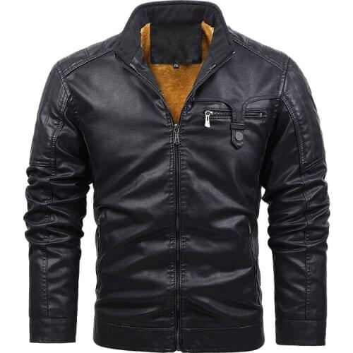 New Fashion Mens Autumn and Winter Plus Velvet Jacket Faux Pu Leather Jacket Slim-Fit Stand-Up Collar Motorcycle Jacket 6Xl
