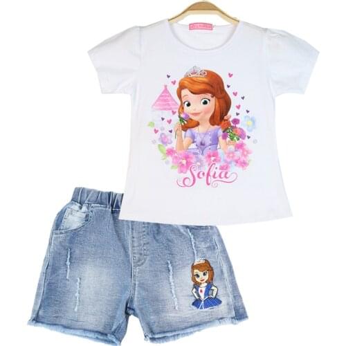 Disney Girls Outfits Cartoon Printed Summer Cotton Kids T-shirt&Denim Shorts Girls Clothing Set Children Suit Clothes Sofia
