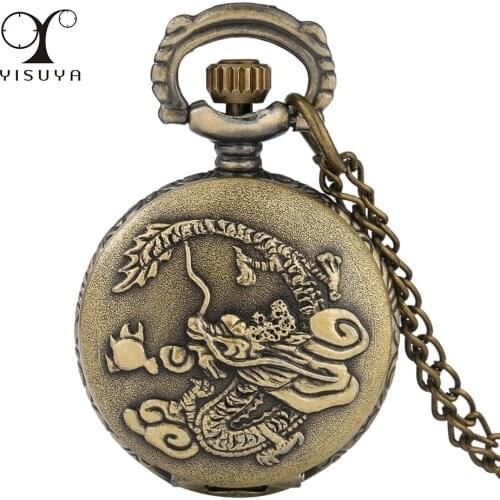 Mini Cute Bronze Dragon Design Kids Necklace Watch Retro Pendant Quartz Pocket Watches Gifts Boy Girls with 80 cm Sweater Chain