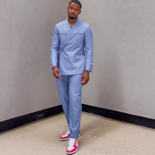 Fashion Sky Blue Mens 2 Pieces Tuxedos Double Breasted Prom Suits Peaked Lapel Groomsmens Wear Custom Made Blazer and Pants