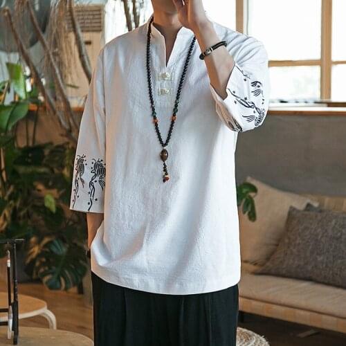 Embroidery Men Cheongsam Tops Tang Suit Traditional Chinese Tee Shirt For Men Hanfu Blouse Cotton Tshirt China Tee Tops 30564