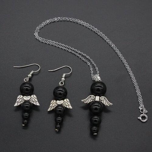 100-Uniqe 1 Set Personalized Silver Plated Round Beads with Angel Wing Necklace Earrings Black Agates Jewelry Set