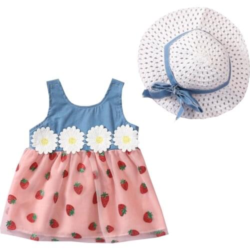 Little Girls Dress Toddler Baby Kids Girl Strawberry Denim Top Patchwork Tulle Mesh Dresses + Straw Cap Hat Casual Clothes Set
