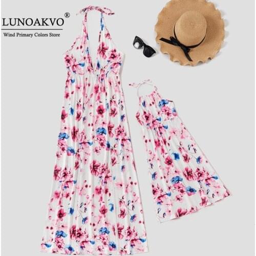 Mom and Daughter Dress Flower Print Women Backless Dress Parent-Child Matching Outfit Family Look Mom Girl Clothing Beachwear