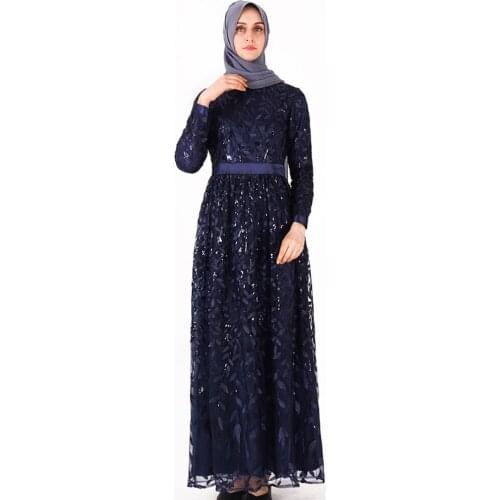 Muslim Women Robe Sequin Leaf Embroidered National Arab women Formal Dress Navy Black Long-Sleeve Gowns Tulle O-neck Vestioes
