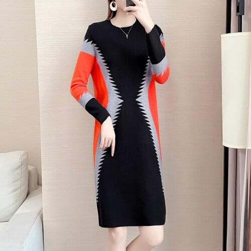 Plus Size Women Clothing Knitted Sweater Dress Women Spring Autumn Fashion Luxury O Neck Patchwork A Line Dresses Vestidos