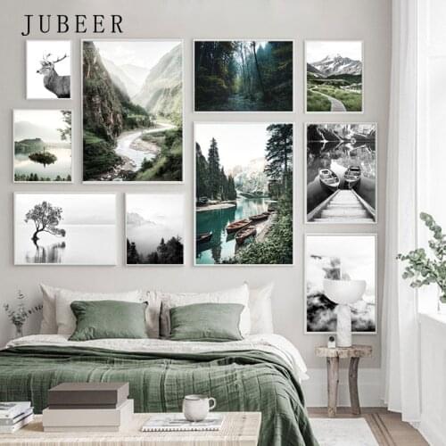 Scandinavian Style Poster Nature Landscape Canvas Print Boat Lake Mountain Wall Art Painting Photography Picture for Living Room