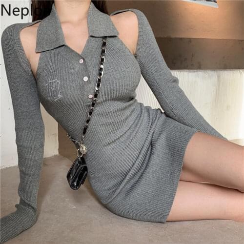 Neploe Sexy Lady Woman Dress Korean Chic Knitted Robe Slim Fit Halter Backless Temperament Vestidos Female Bodycon Mini Dresses