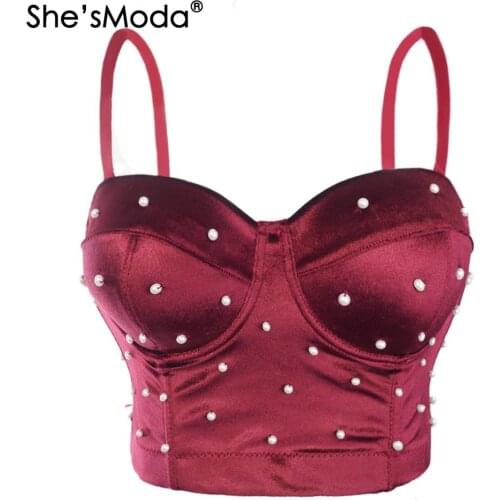 ShesModa Velvet Pearls Corset Womens Winter & Autumn Brallte Christmas Bustier Birthday Club Party Cropped Top Vest Plus Size