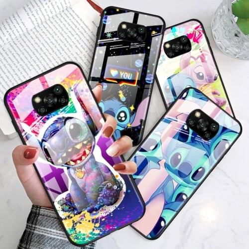 Stitch cartoon cute for Xiaomi POCO X3 NFC F3 M2 X2 F2 Redmi K30 Redmi Note 9 Pro Luxury Tempered Glass Phone Case Cover