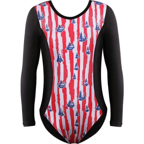Girls Ballet Dance Athletic Leotards Black Long Sleeve Red Stripe Sailboat Dancewear Costumes Practise Gymnastic Leotards 2-10Y