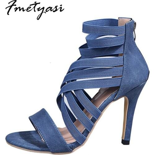 Womens Pumps Stretch Fabric Zipper Heels Narrow Band Round Peep Toe Super High Heels Summer Shoes Cross-tied Slip-on