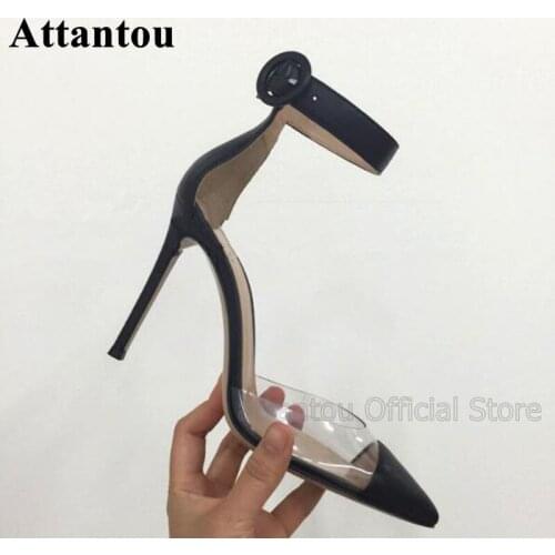 Sexy Transparent PVC Thin High Heel Dress Shoes Women Buckle Strap Silver And Black Pointed Toe Big Buckle Party Shoes