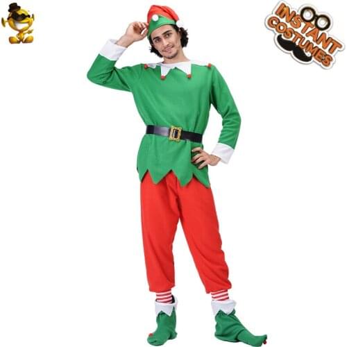 Adult Men Green Elf Outfits Christmas Party Costume Cosplay Fancy Dress Up Male Santa Claus Clothes (M,L,XL Size )