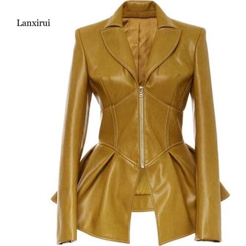 Fall Winter Womens Faux Leather Jacket Yellow Green Black Long Leather Coat Slim Waist Gothic Biker Jacket Outwear