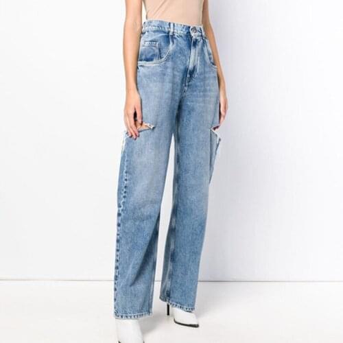 Women High Waist Jeans Washed Straight Leg Destroyed Jeans Pants High Street 2020