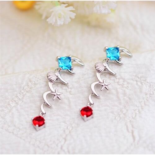 Boho Female Red Blue Zircon Earrings Vintage Silver Color Drop Earrings For Women Dainty Crystal Shell Star Wedding Earrings
