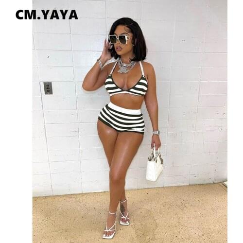 CM.YAYA Women Set Striped Sleeveless Strap Crop Tops Mini Shorts Two 2 Piece Set Sexy Swimsuit Summer Beachwear Fashion Outfits
