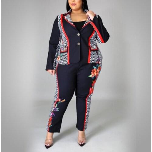 4xl 5xl Plus Size Women Large Blazer Sets Floral Print Patchwork Coat & Pants Elegant Work Business Office 2 Pieces Matching Set