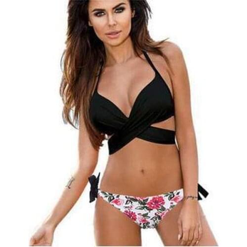 Women Swimwear Sporlike Push Up Bikini 2020 Cross Stripe Swimsuit Halter Top Print Maillot De Bain Biquini Bathing Suits XXL