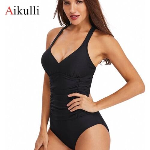 Aikulli V Neck One Piece Swimsuit Bathing Suits Ruching Tummy Control Beach Backless Swimwear for Women Swimming Bikini Monokini