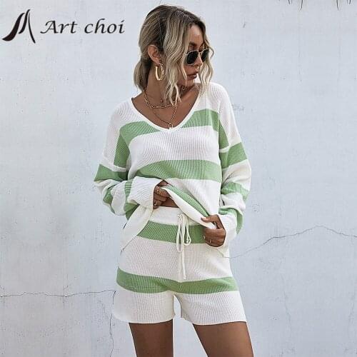 Knitted Two Piece Set Stripe Tracksuit Casual Outfit Sweater Short Suits Women Jumper Pullover Tops Shorts Knitwear 2 Piece Sets
