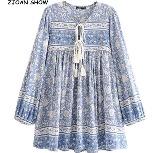 2019 Bohemia Lacing up V neck Blue White Floral Print Dress Summer Ethnic Woman Long Sleeve Tassel Short Strappy Dresses Holiday
