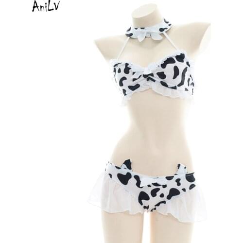 AniLV Anime Girl Pet Cow Bikini Swimsuit Costume Pool Party Cute Chiffon Ruffle Swimwear Pajamas Uniform Cosplay