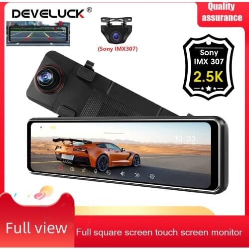 Develuck10.88 '' Car DVR Rearview Mirror Touch Square Screen Stream Media Night Vision Dash Cam 2.5K Front Camera 1080P Rear Cam