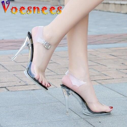 Voesnees Sandals Women Shoes 2021 New Stiletto Peep Toe Transparent High Heels Crystal Wedding Shoes Walk Show Stripper Heels